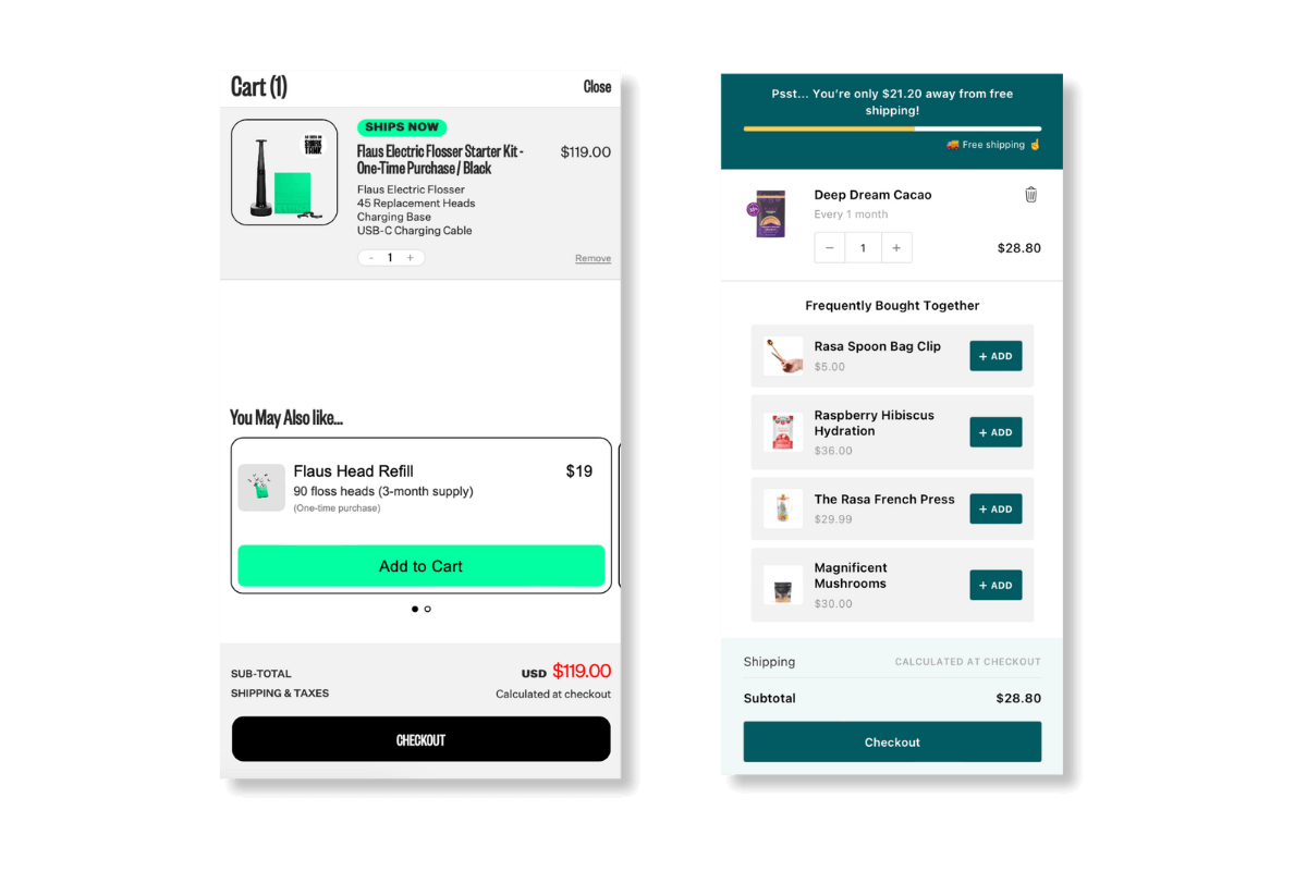 Examples of product suggestions in cart from Flaus and Rasa.