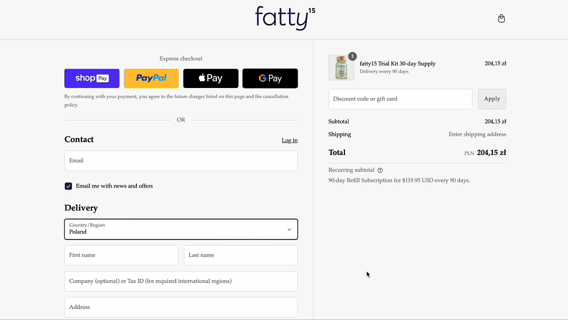 Fatty15 has a well-design checkout form with various payment options and an option to remember customer information for a faster future checkout.